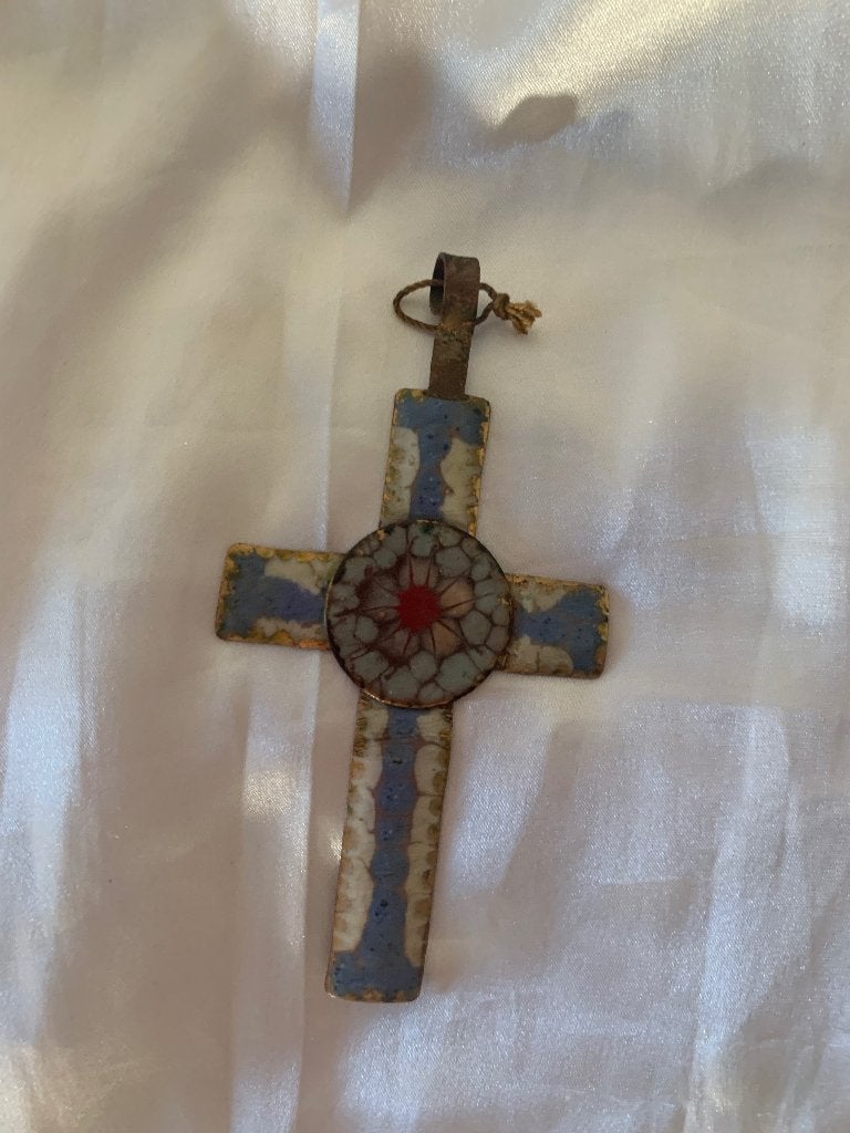 Antiek cloisonné wandkruisje – Vintage emaille devotionalia, Antiek en Kunst, Curiosa en Brocante, Ophalen