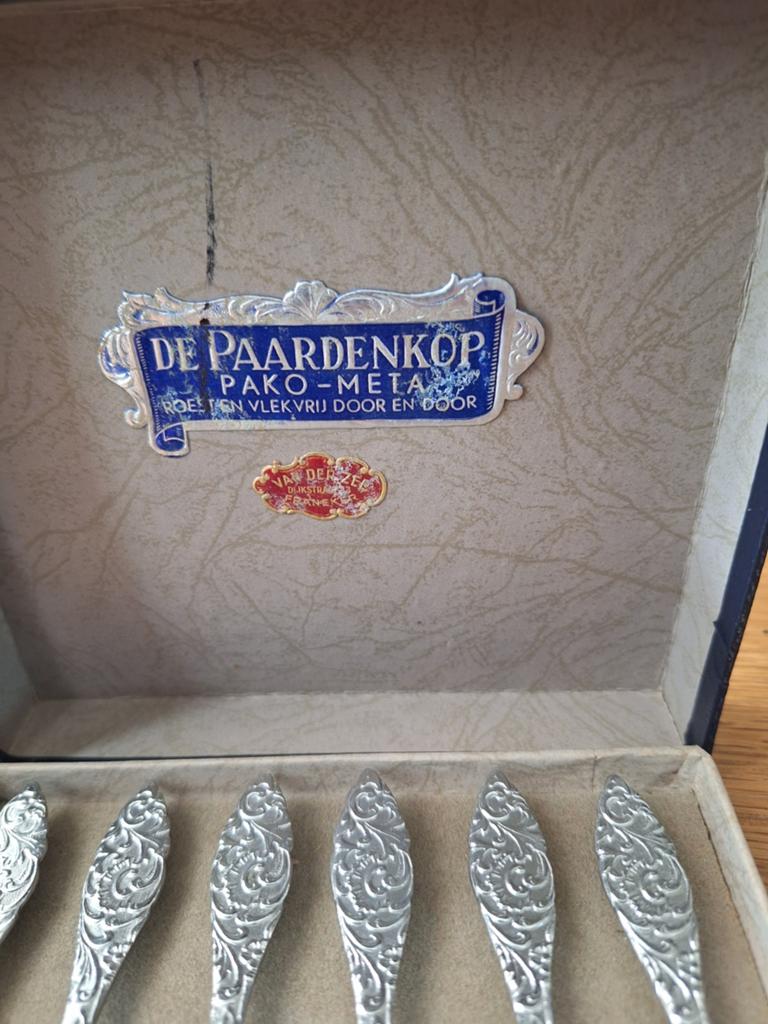 Vintage De Paardenkop theelepels in originele doos, Ophalen of Verzenden