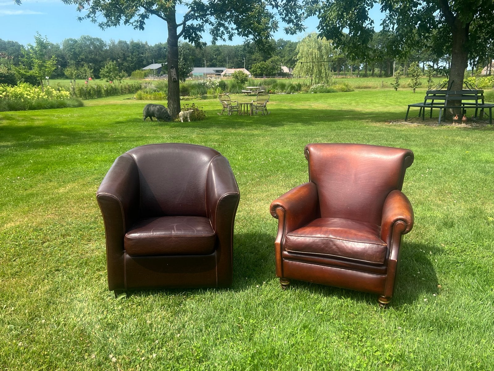 Set van 2 leren fauteuils, Ophalen, Gebruikt, Leer, 75 tot 100 cm