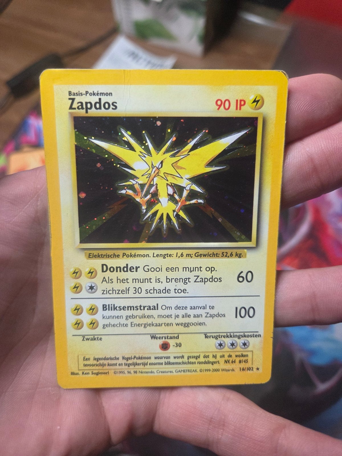Zapdos Holo 16/102 NL Base Set 1999 Wotc era, Ophalen of Verzenden, Gebruikt, Losse kaart, Foil