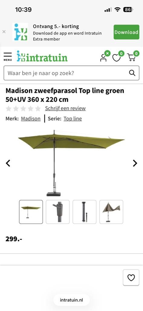 Zweefparasol madison antraciet, Tuin en Terras, Ophalen, Zo goed als nieuw, Zweefparasol