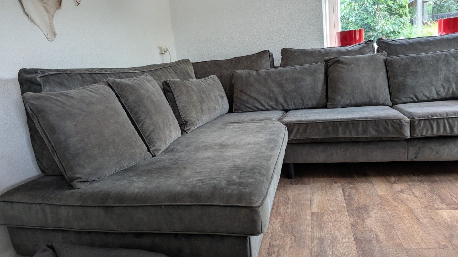 Grote comfortabele hoekbank, donkergroene stof, Ophalen, Gebruikt, 100 tot 125 cm, Hoekbank