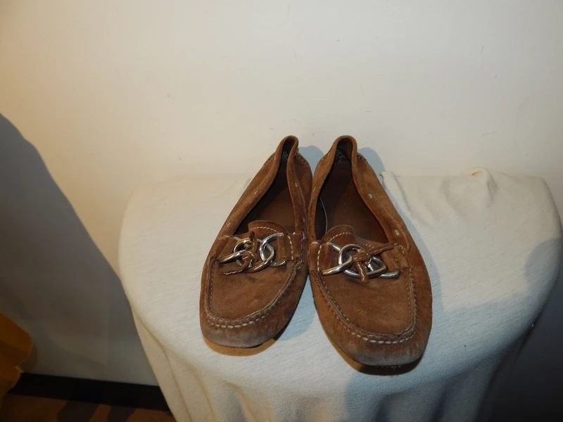 Prada vintage loafers suede leer sier deel bovenkant 37, Verzenden, Instappers, Gedragen, Bruin