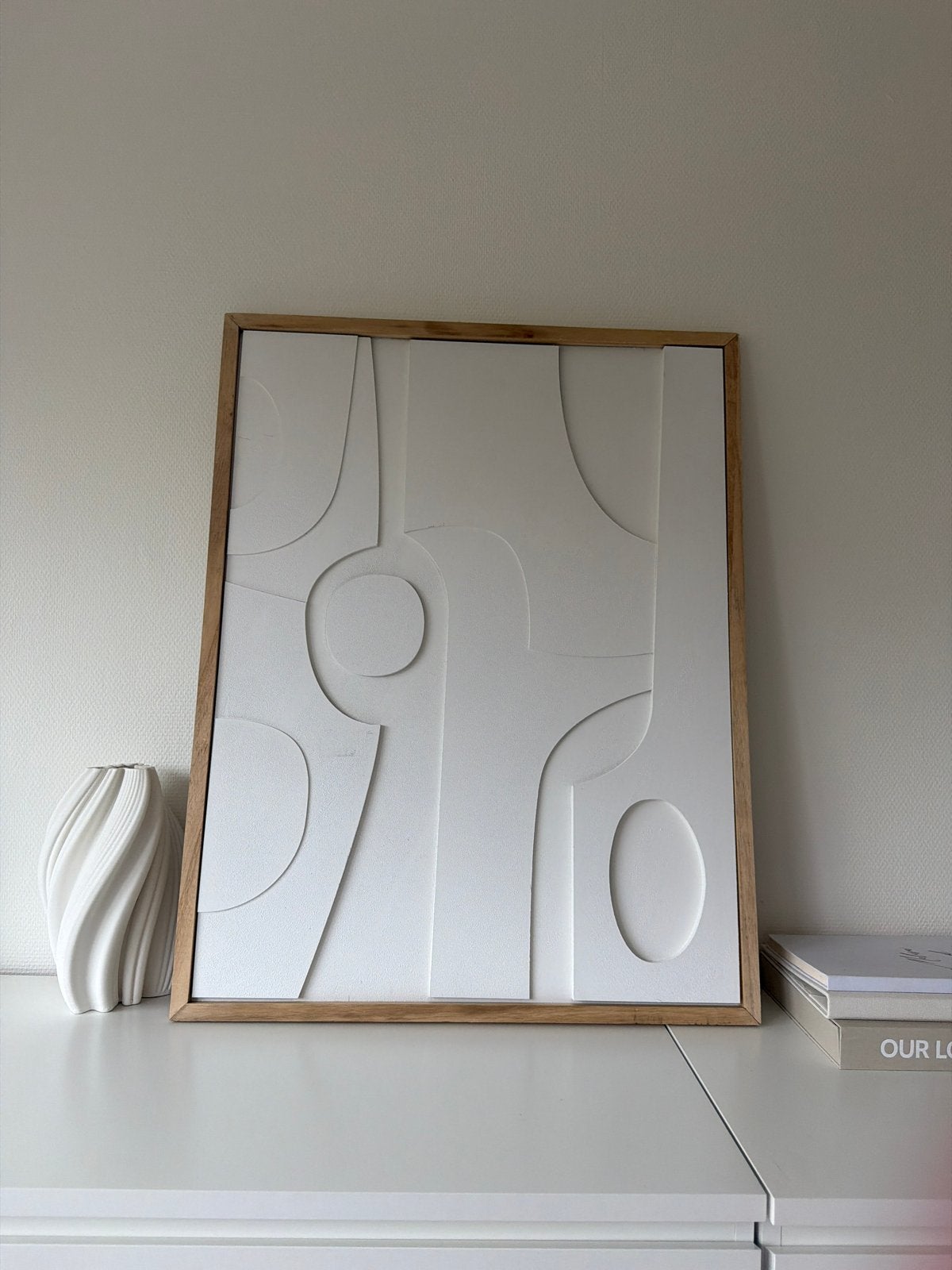 Modern 3D Kunstwerk in Houten Lijst - Abstract Wit Reliëf, Ophalen