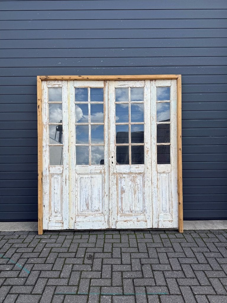 Antieke 4-slag oranjerie deuren met ruitjes en witte patina, Ophalen of Verzenden, Gebruikt, Hout