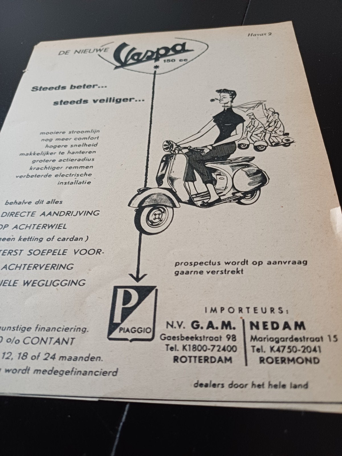 advertentie van Vespa scooter beter veiliger 1956, Verzamelen, Ophalen of Verzenden, Zo goed als nieuw, Overige typen
