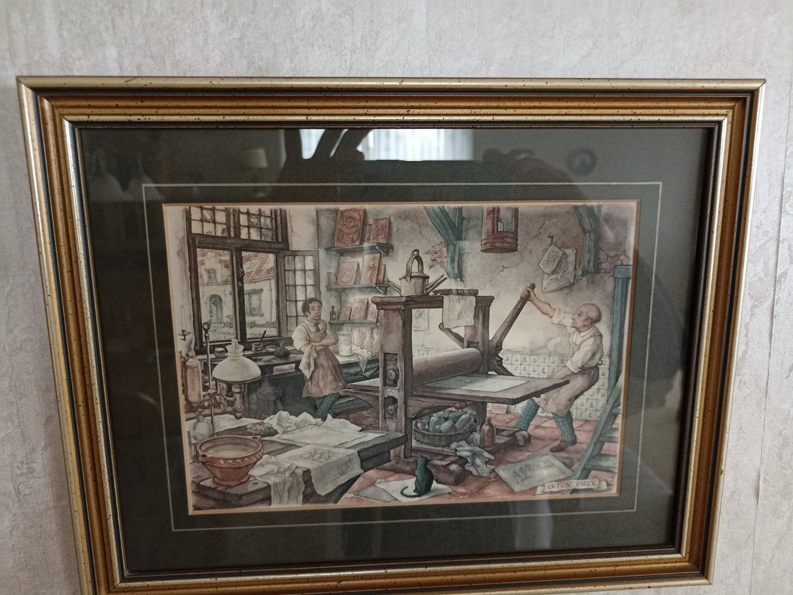 Anton Pieck - De Drukkerij - Ingelijste prent 32 x25, Dagelijks leven, 1950 - 1999, Overige technieken, Ingelijst