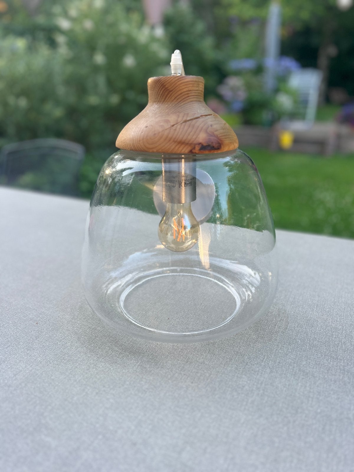 Glazen lamp met houten bovenkant, Ophalen, Zo goed als nieuw, Glas, E27 (groot)