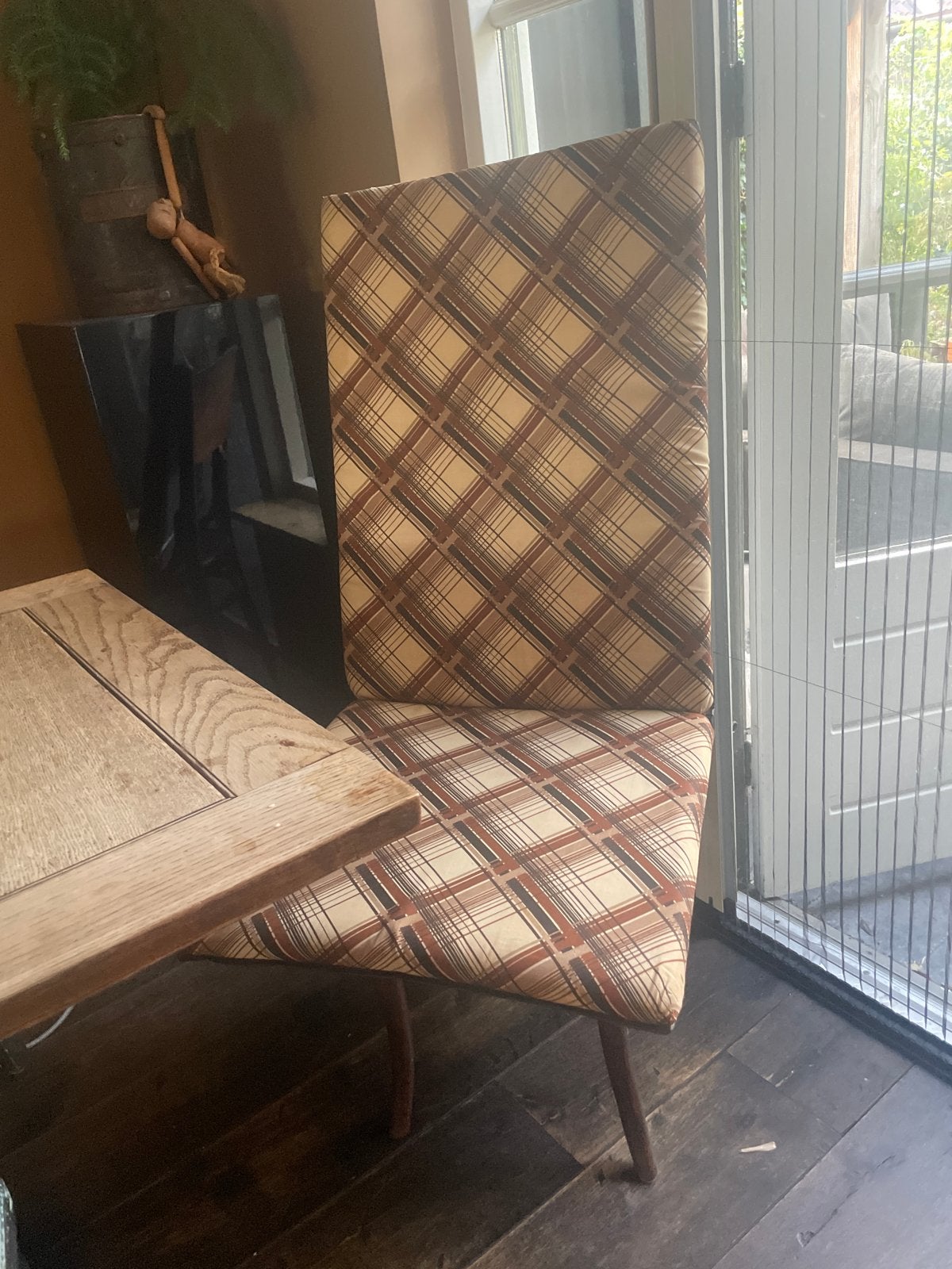 4x Geruite retro tuinkussens voor Stoelen - Bruin/Beige, Ophalen, Gebruikt, Meerkleurig, Tuinkussen