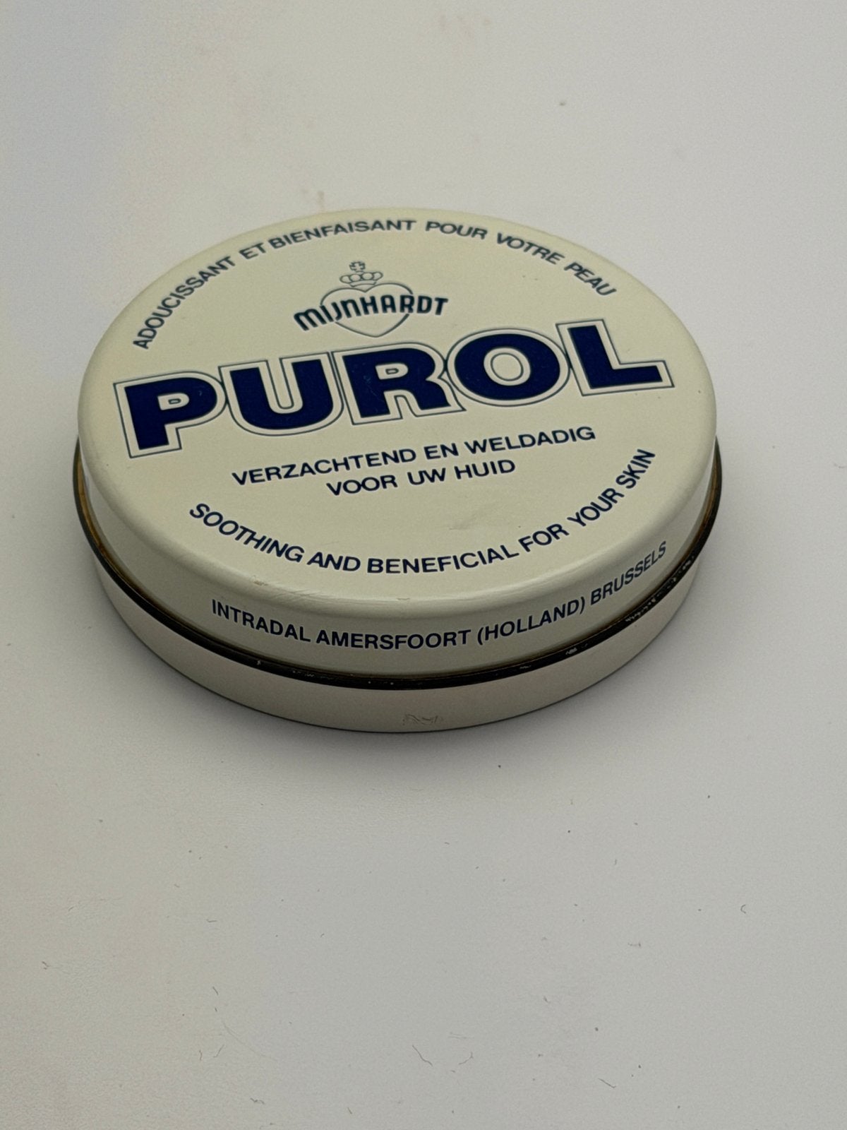 Oud PUROL blikje – Mühnhardt – vintage huidzalf – Ø 7,5 cm, Verzamelen, Ophalen, Zo goed als nieuw, Koek(jes)