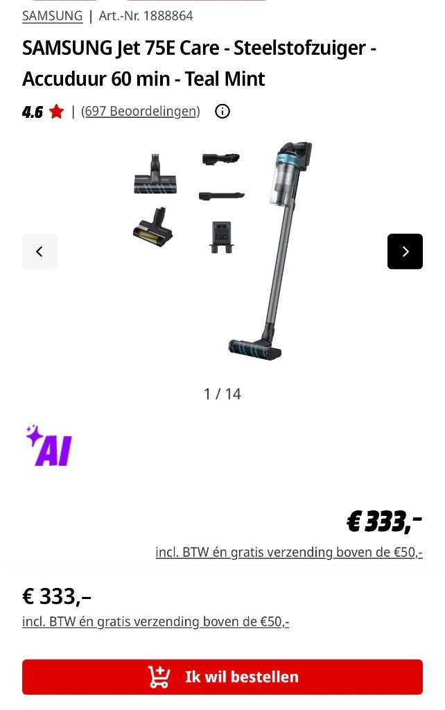 Samsung Jet 75E CARE stofzuiger, Witgoed en Apparatuur, Ophalen, Nieuw, Minder dan 1200 watt, Reservoir