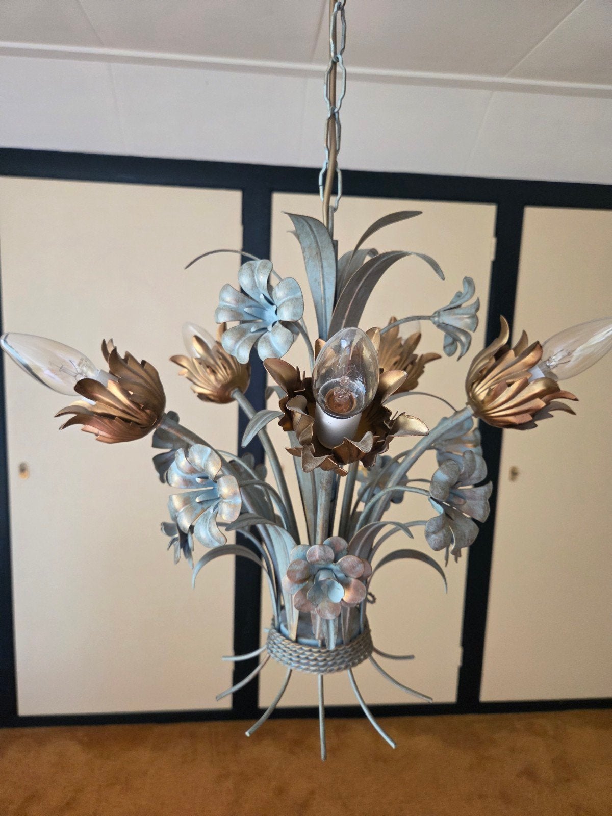 Vintage bloemen kroonluchter - Metaal, 5-lichts, Gebruikt, E14 (klein), Ophalen of Verzenden, Metaal