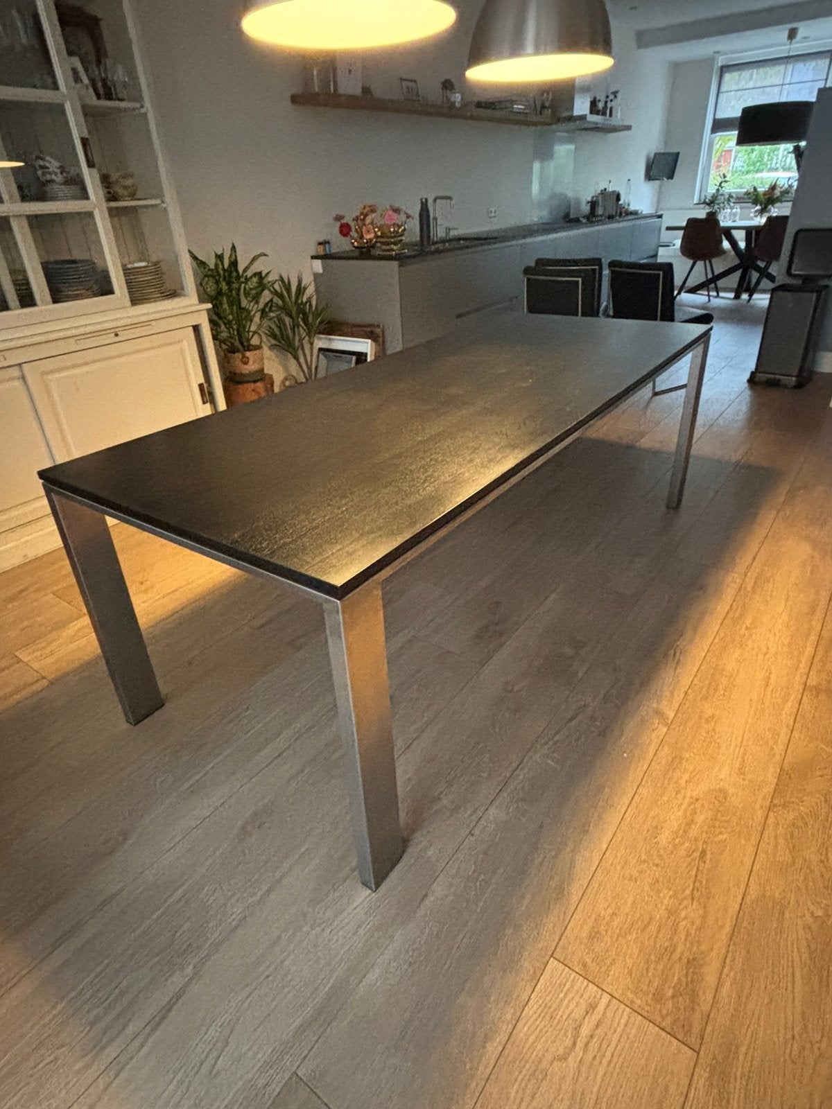 Mooie zwarte houten eettafel, Ophalen, Gebruikt, 200 cm of meer, 50 tot 100 cm