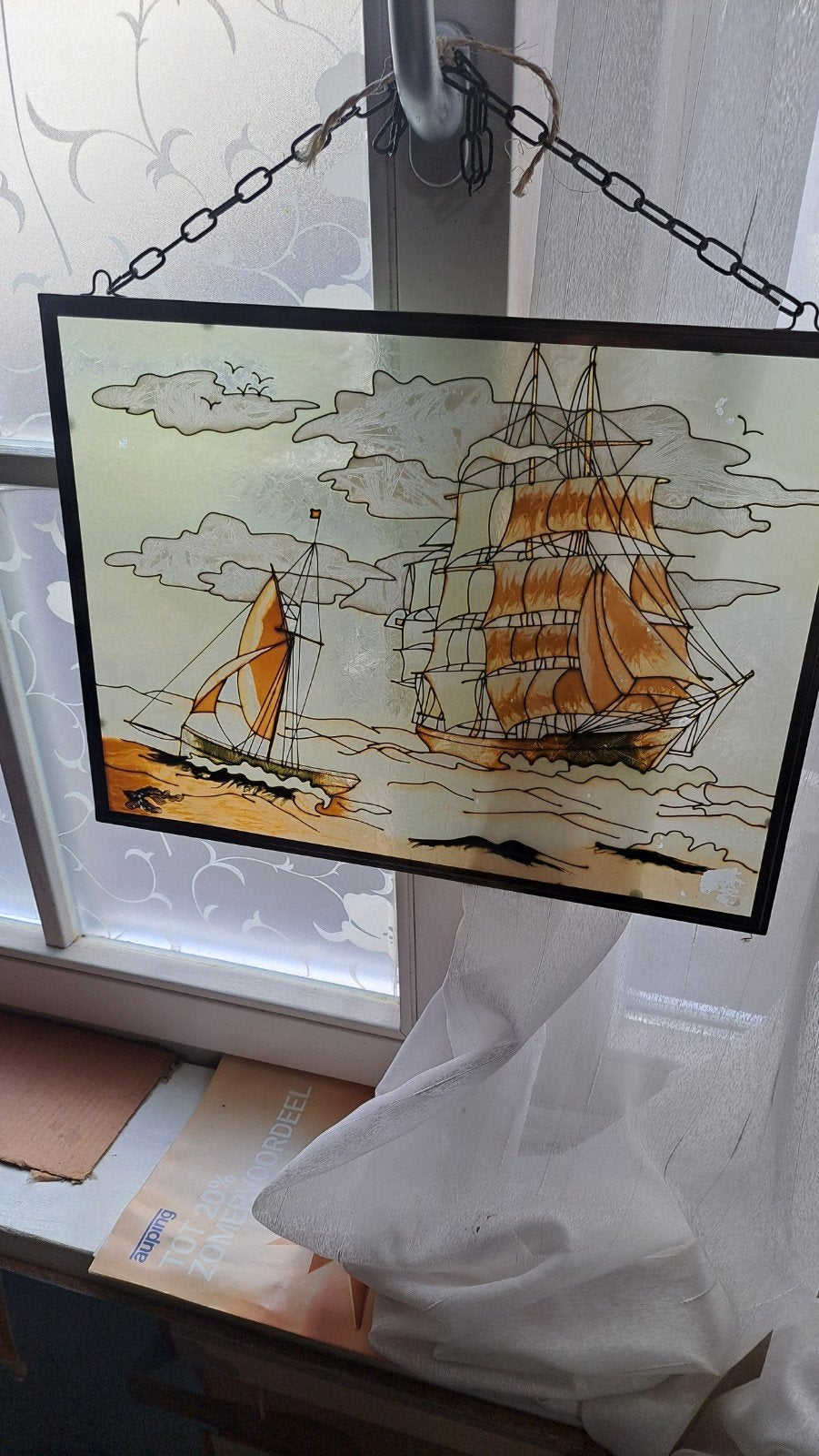 Glas in lood raamhanger met zeilschepen, Antiek en Kunst, Kunst | Schilderijen | Klassiek, Ophalen of Verzenden