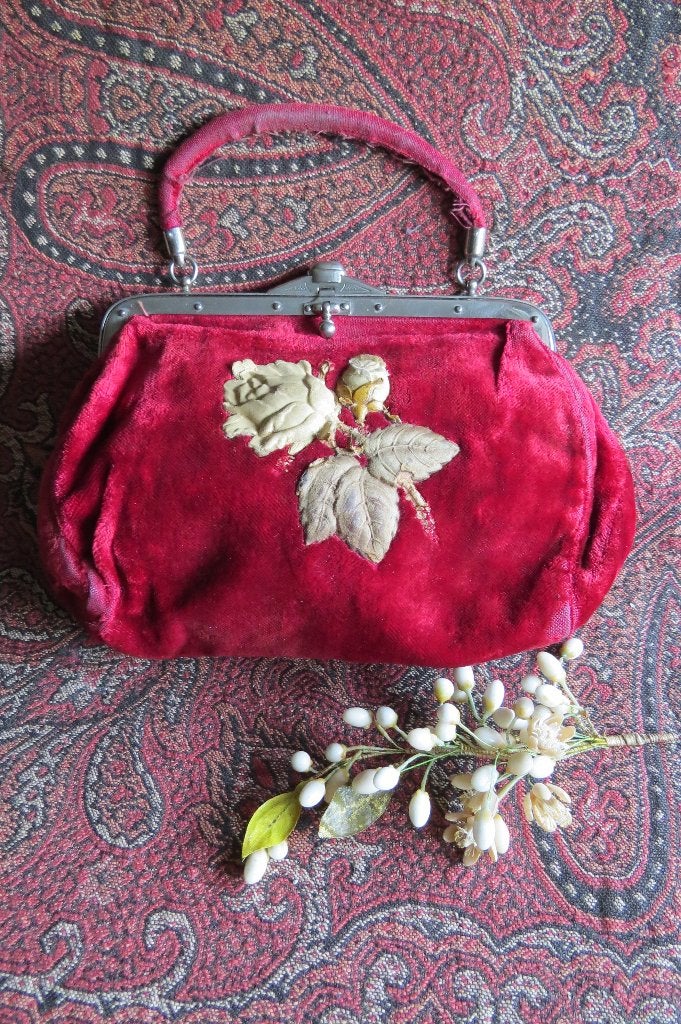 Luxe antiek rood velours avondtasje c.1910-1920, Antiek en Kunst, Ophalen of Verzenden, Dames