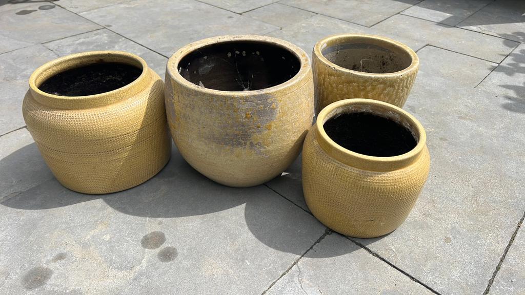 Set van 4 gele bloempotten, diverse maten, Gebruikt, Rond, Binnen, Minder dan 40 cm