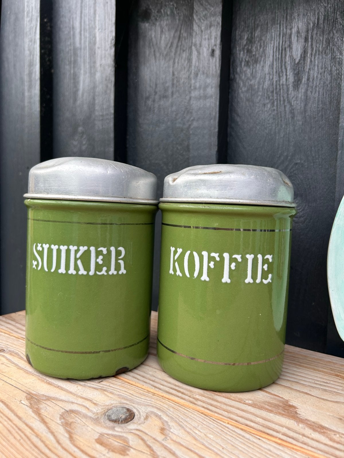 Vintage Groene Emaille Koffie- en Suikerbussen Set, Ophalen of Verzenden