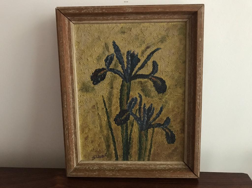 Houten lijst kader schilderij lelie lelies blauw geel, Ophalen of Verzenden