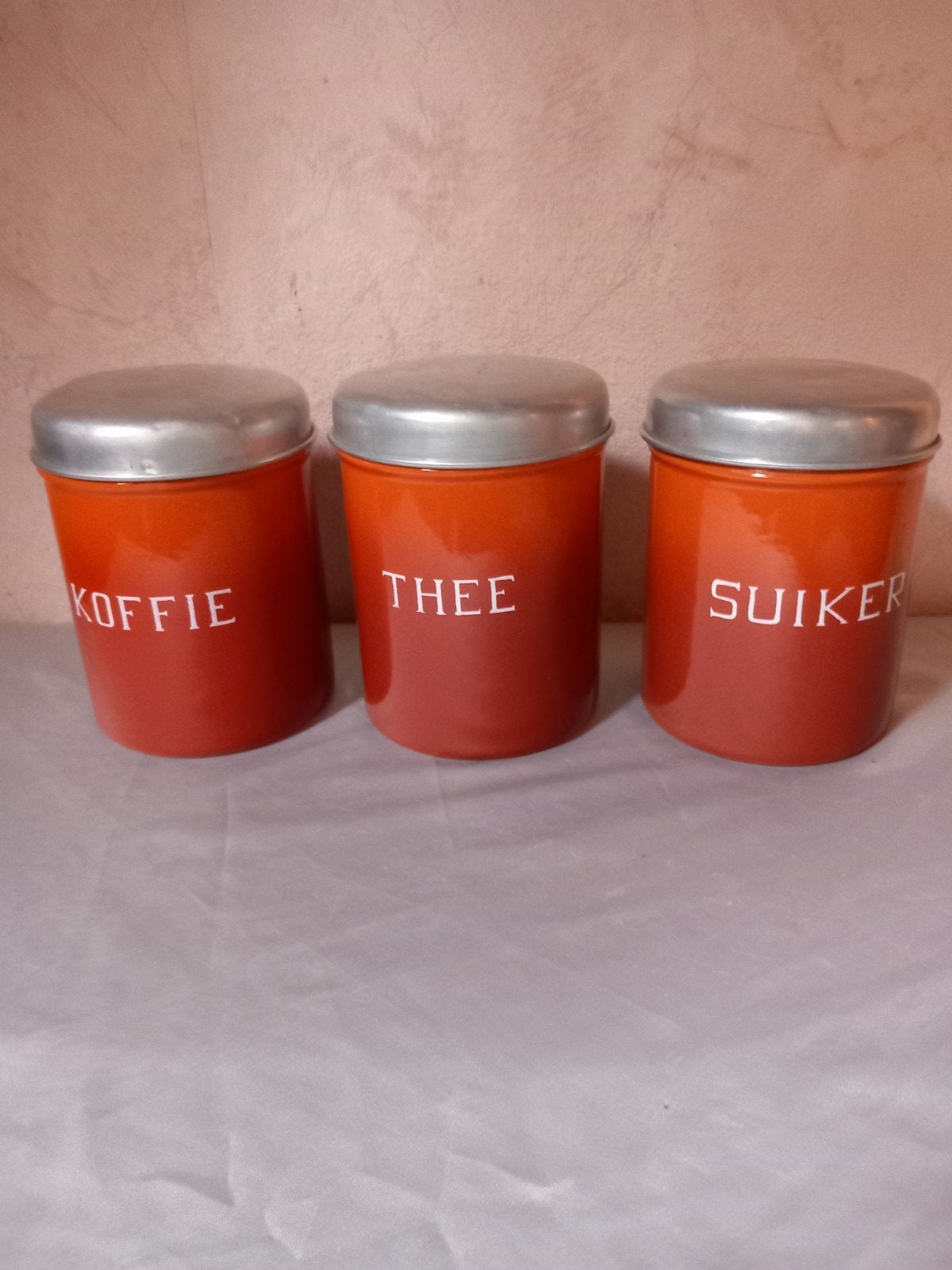 Terra cotta emaille koffie-thee en suikerbussen, Ophalen of Verzenden