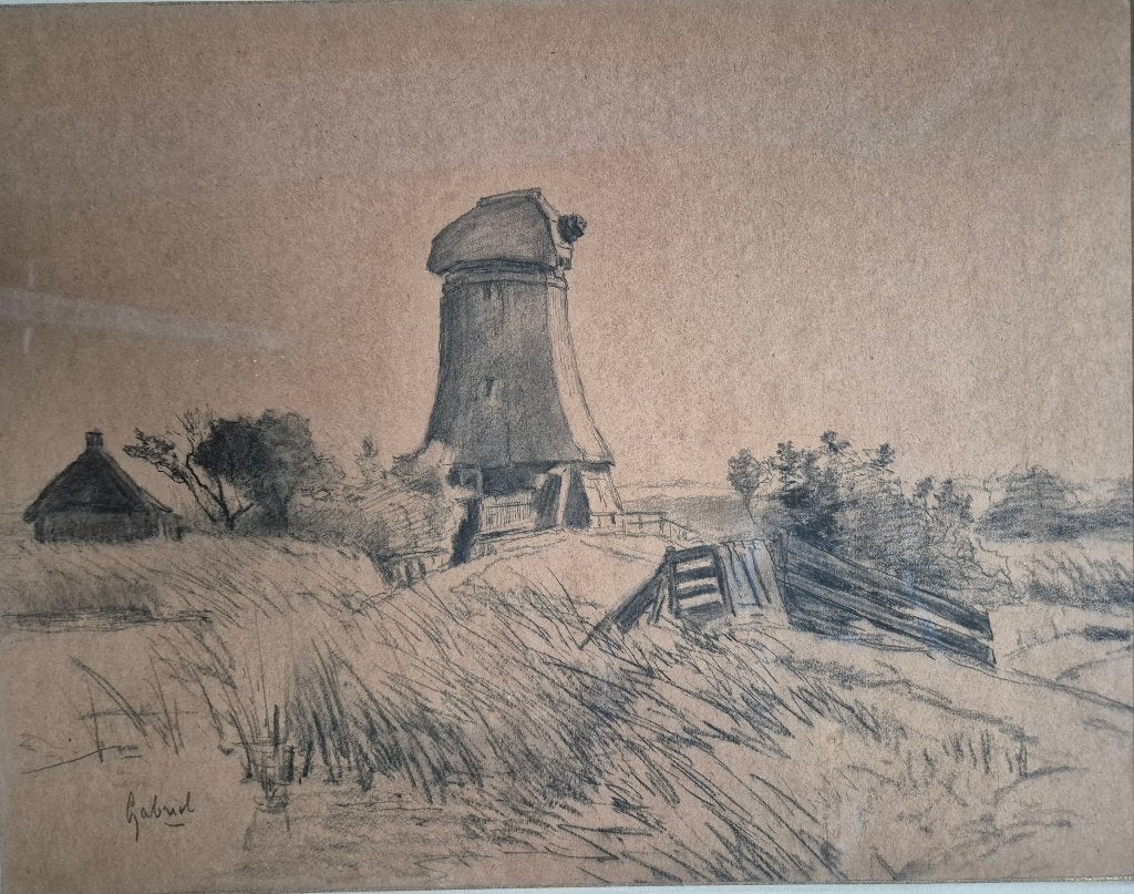 Grote tekening, vermoedelijk molen Kinderdijk van P. Gabriél, Verzenden, Tekening, Houtskooltekening, Gesigneerd