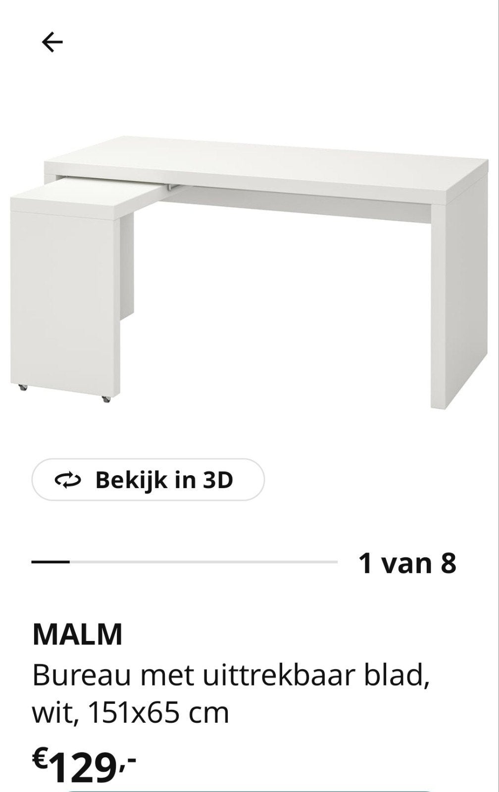 Malm bureau met uittrekbaar blad. wit, 151 x 65 cm, Ophalen, Gebruikt, 65 cm, Hoekbureau