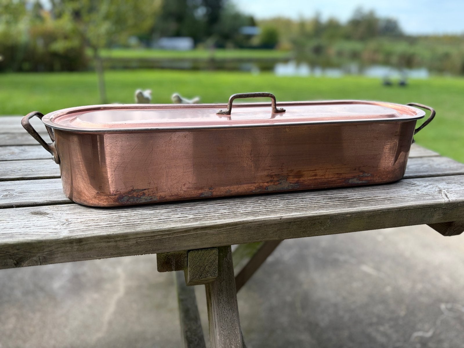 Klassieke koperen vispan met stoom-/pocheerinzet, 60 cm, Ophalen of Verzenden, Koper