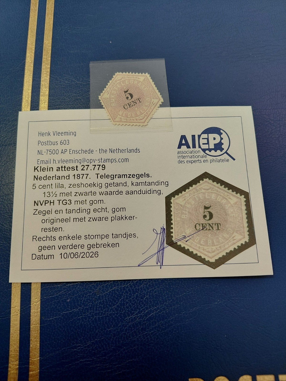 Nederland NVPH TG3 telegramzegel 1877 met certificaat, Postzegels en Munten, Postzegels | Nederland, Ophalen of Verzenden, T/m 1940