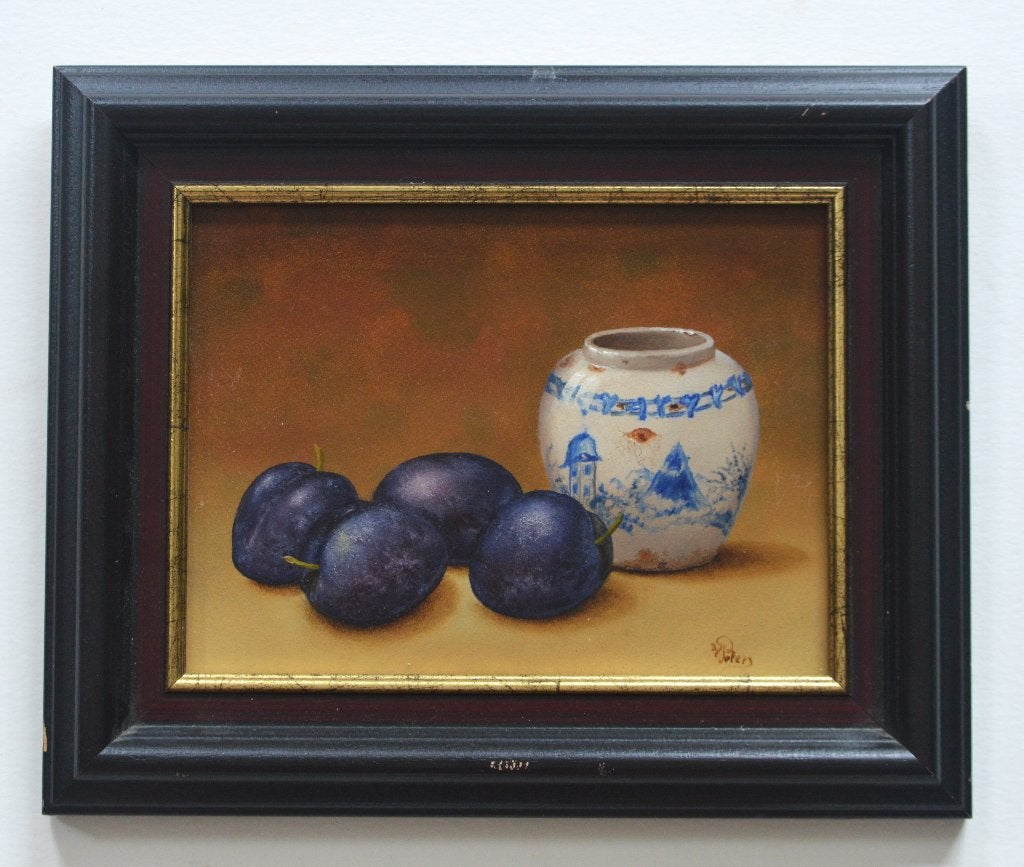 Schilderij; Peters;  Stilleven met pruimen en stenen pot., Ophalen of Verzenden
