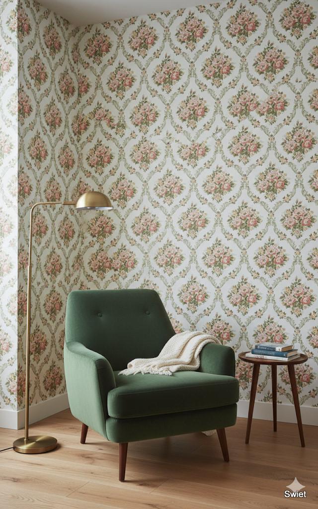 14126 versailles bloemen vintage wallpaper roze groen swiet, Verzenden, Minder dan 10 m², Roze