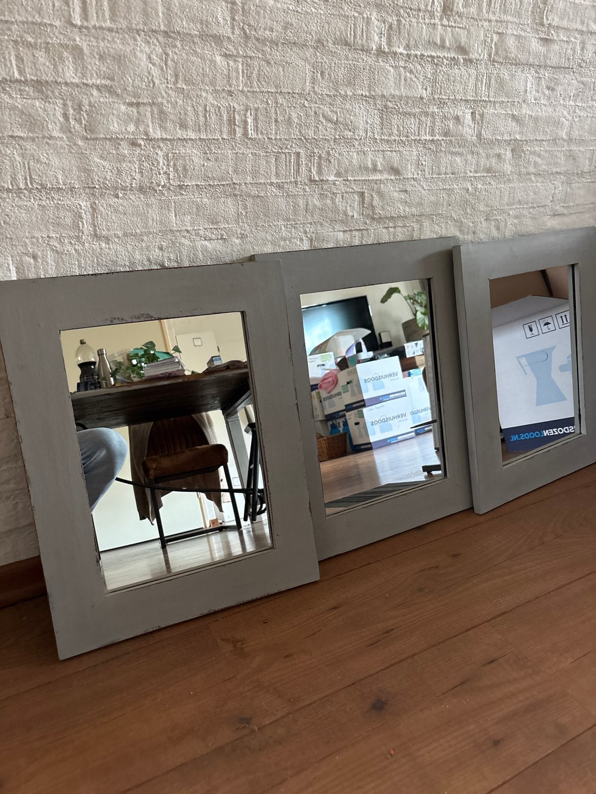 Set van 3 grijze spiegels met houten frame, Ophalen, Minder dan 50 cm, Gebruikt, Minder dan 100 cm
