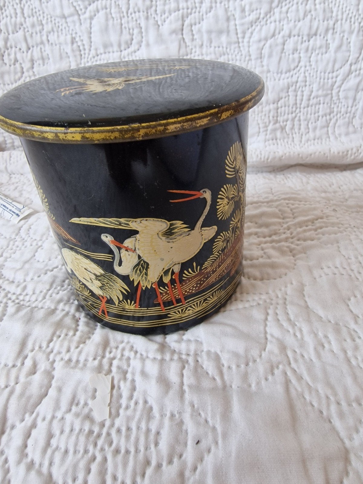 Vintage blikken doos met kraanvogels en gouden accenten, Ophalen of Verzenden