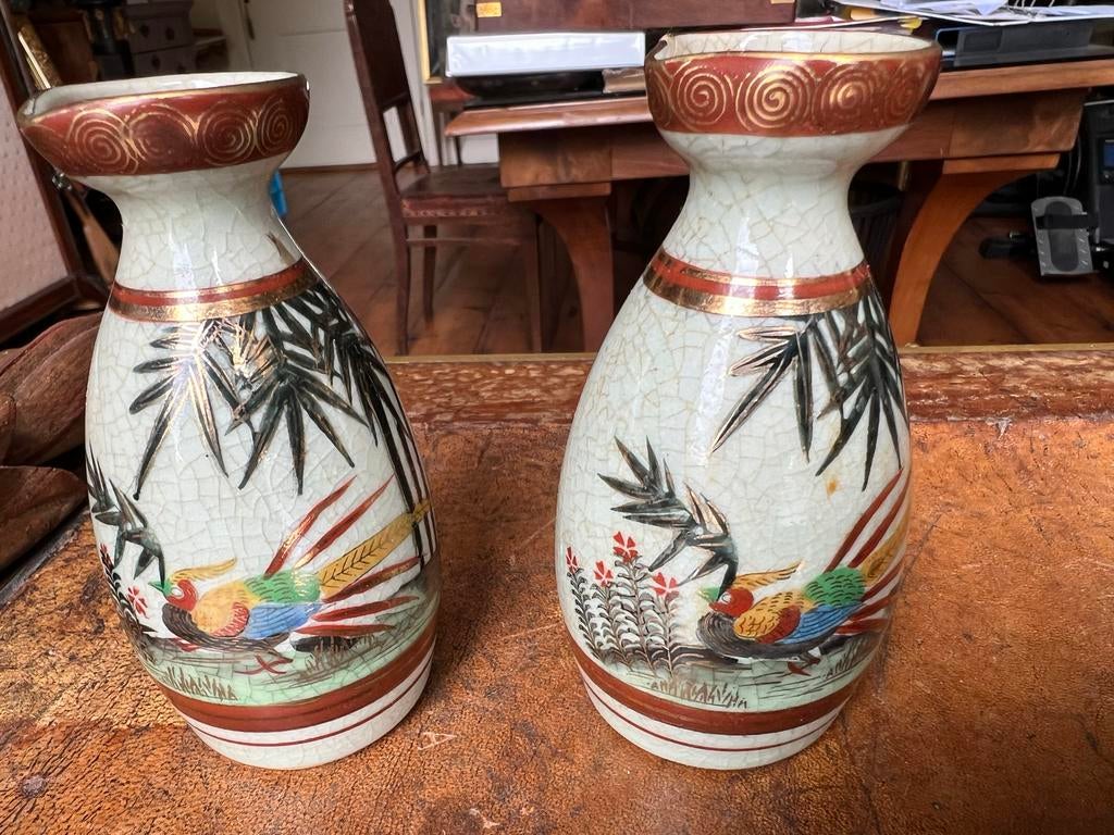Antieke Japanse Sake Flesjes met Vogelmotief - Set van 2, Ophalen of Verzenden