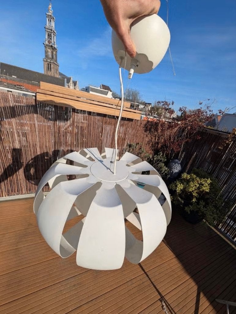 White designer pendant lamp, modern and atmospheric, Ophalen, Zo goed als nieuw, Mid-century, modern, E27 (groot)