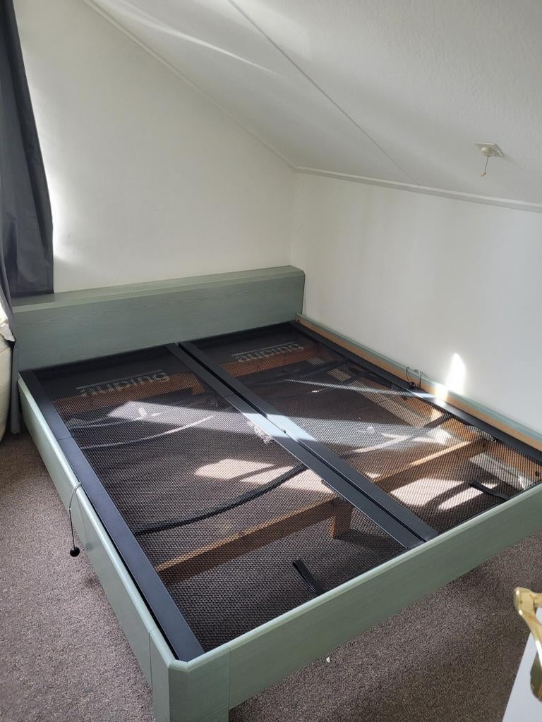 Bed met 2 auping bodems, Ophalen, Gebruikt, Tweepersoons, Hout