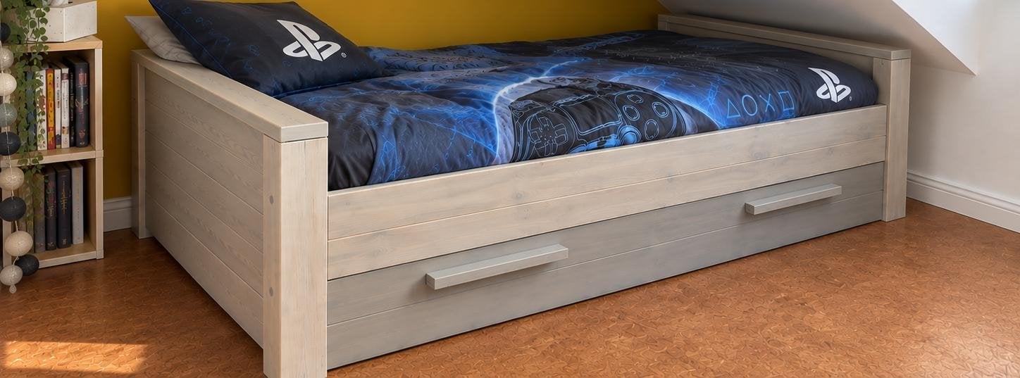 Woood Bed met uitschuifbare lade - Logeerbed/Opbergruimte, Ophalen, Gebruikt, 90 cm, Eenpersoons