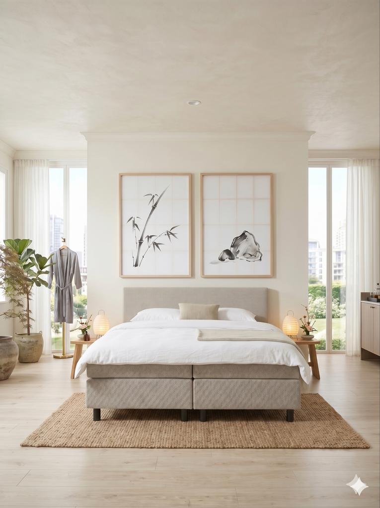 Hotel Boxspring Beige met hoofdbord, Beige, Ophalen of Verzenden, 180 cm, 200 cm