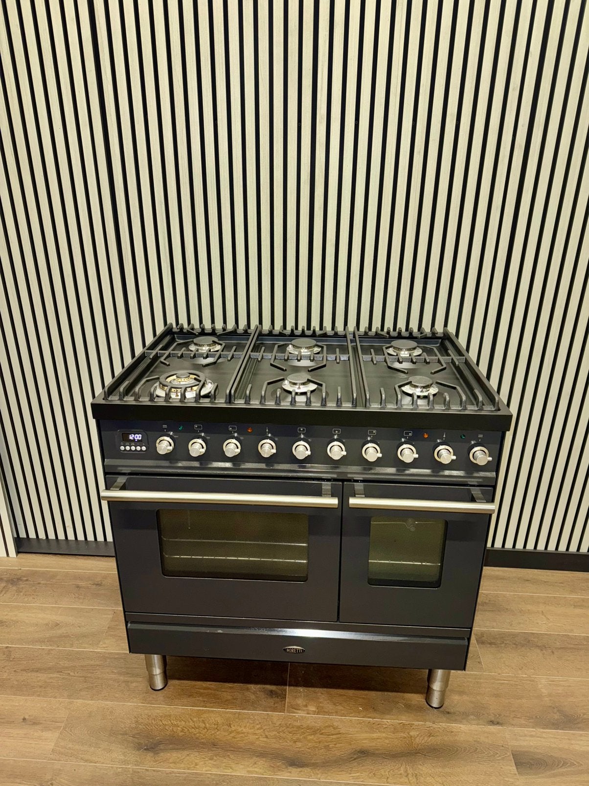Luxe Boretti Fornuis antraciet 6 pits dubbele oven 90 cm, 60 cm of meer, Fornello Esperta, Ophalen of Verzenden, Zo goed als nieuw