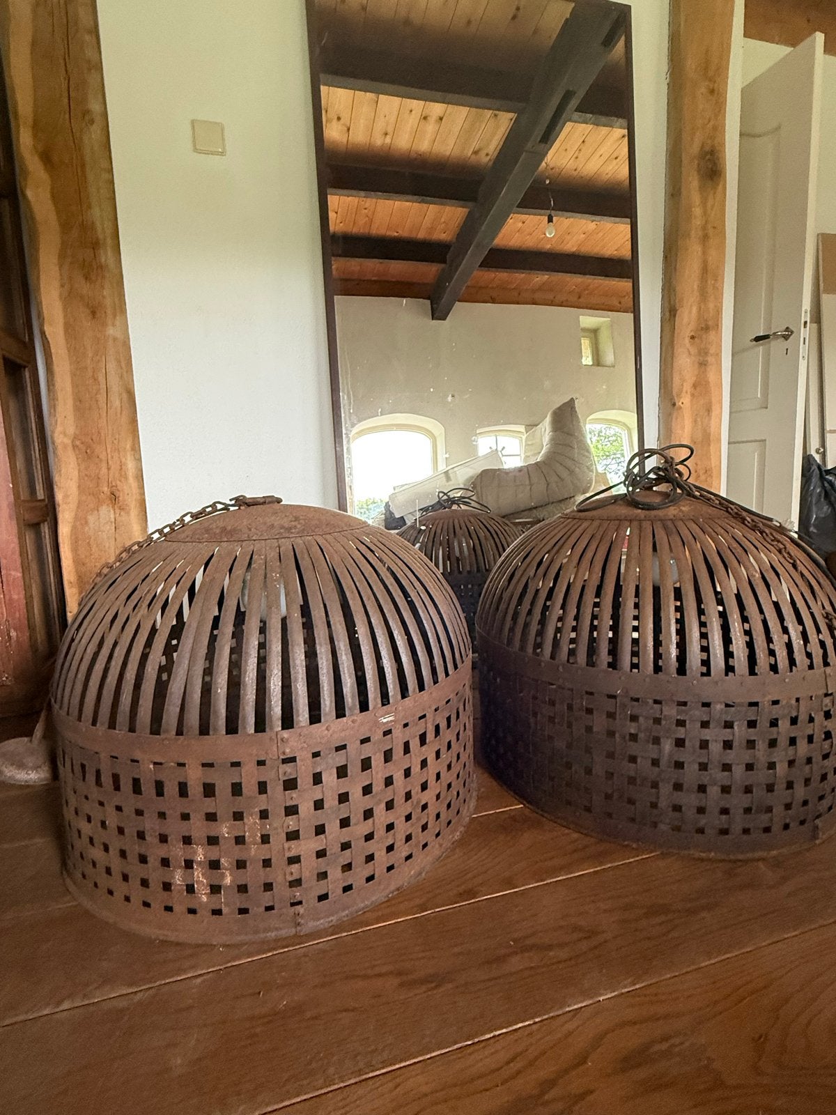 Set antieke lamp hanenmand industrieel smeedijzeren korf, Huis en Inrichting, Lampen | Hanglampen, Zo goed als nieuw, 50 tot 75 cm