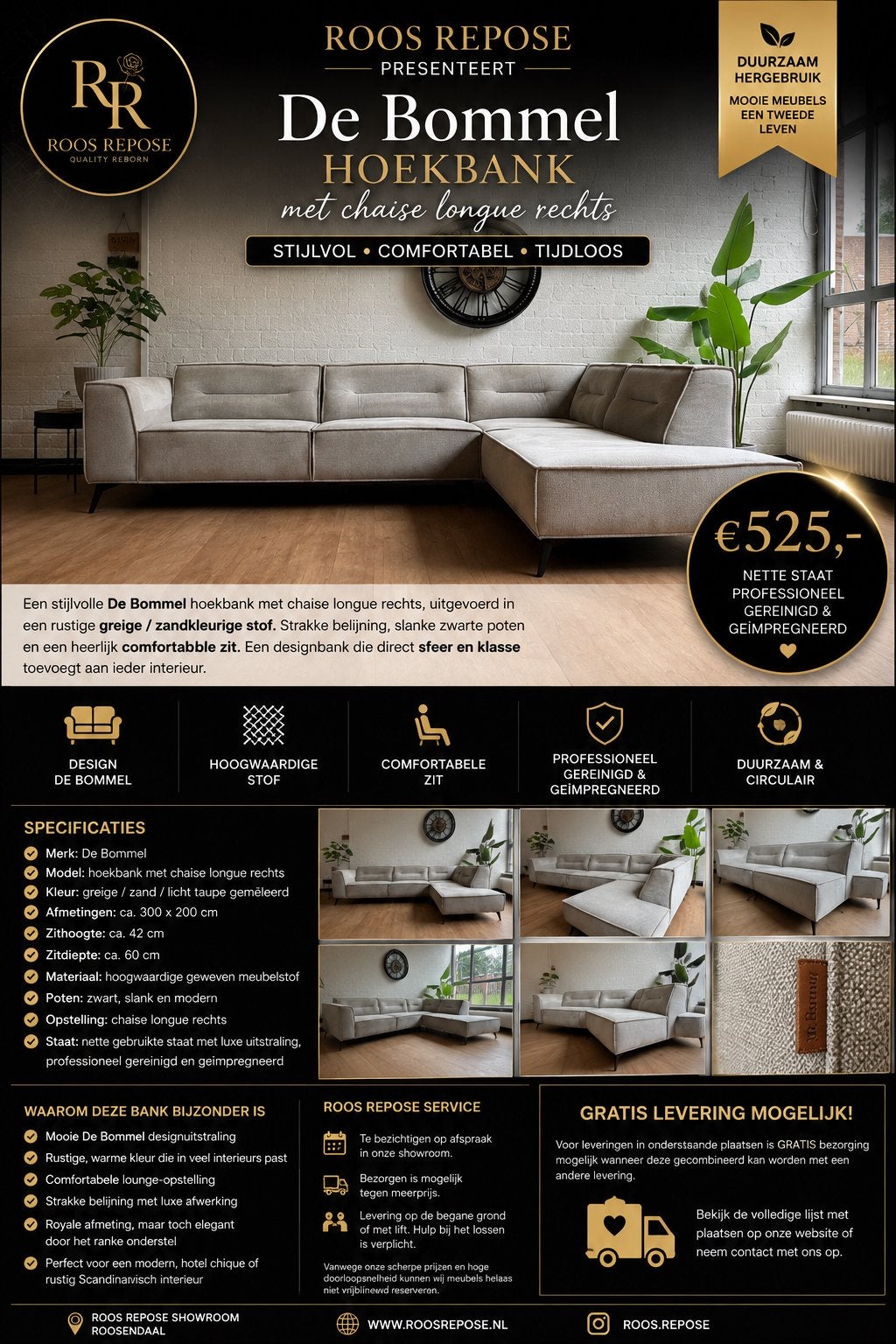 Luxe De Bommel | Grijze Hoekbank | Gereinigd & Geïmpregneerd, Luxe, Hoekbank, 300 cm of meer, Ophalen of Verzenden