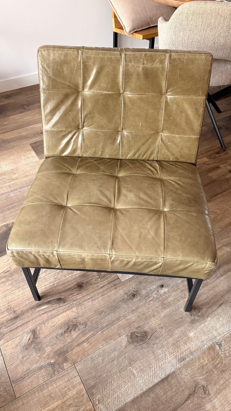 Leren fauteuil in olijfgroen, Ophalen, Gebruikt, Minder dan 75 cm, Leer