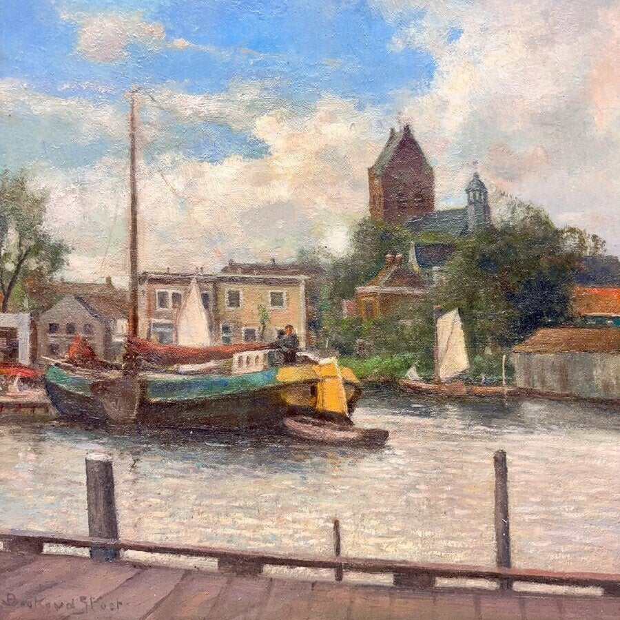 Bouke van der Sloot (1908-1995) - Gezicht op Grou, 1981, Antiek en Kunst, Kunst | Schilderijen | Klassiek, Ophalen of Verzenden
