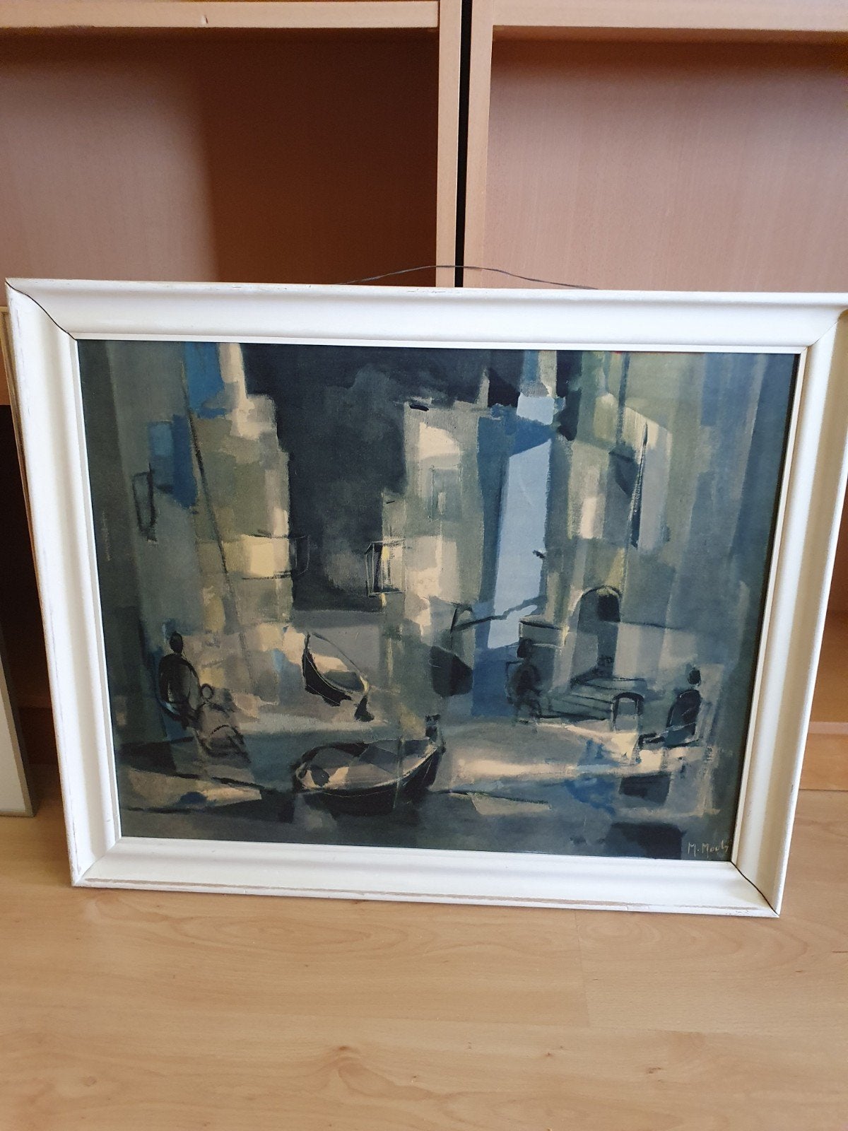 Abstract schilderij met stadsgezicht en boten, Ophalen, Ingelijst, Olieverf, Overige materialen