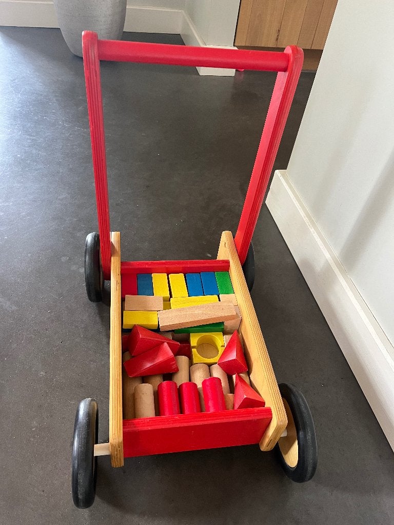 Houten Loop wagen, Ophalen, Gebruikt, Duw- of Trekspeelgoed
