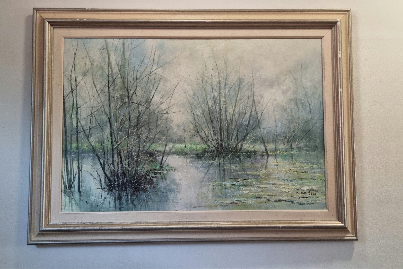 schilderij met water landschap 110x80cm blauw/groen/beige, Ophalen, Landschap