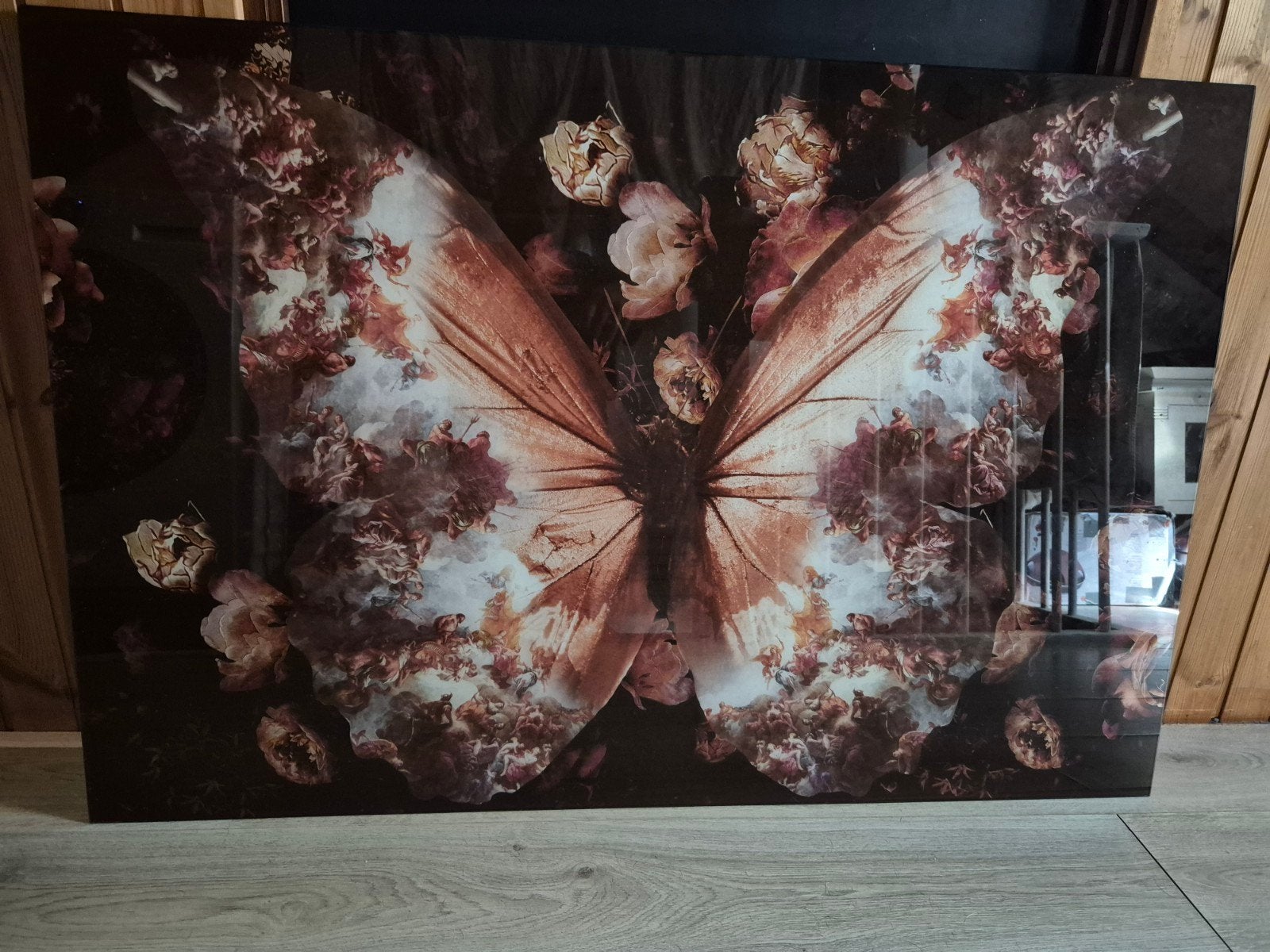 Mooi glasschilderij met vlinder en engelen, Ophalen, Glas, Gemengde techniek, Dieren