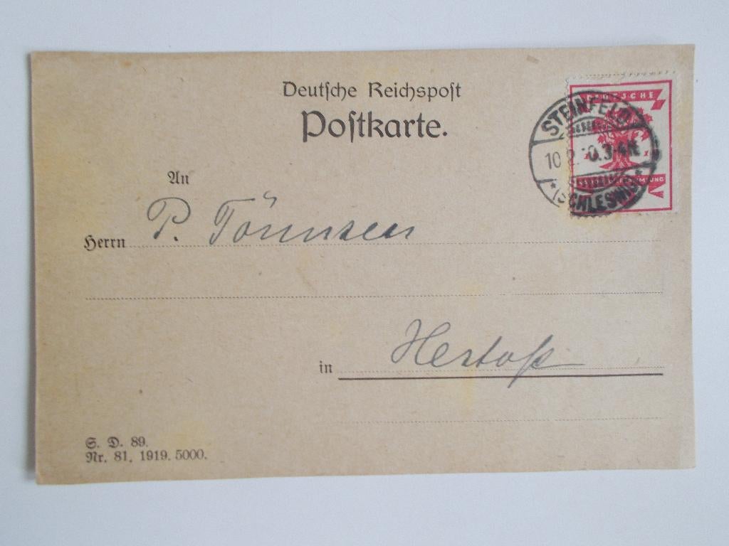 Duitse Rijk, Postkaart Met Zeldzaam Stempel Steinfeld 1920., Postzegels en Munten, Brieven en Enveloppen | Buitenland, Ophalen