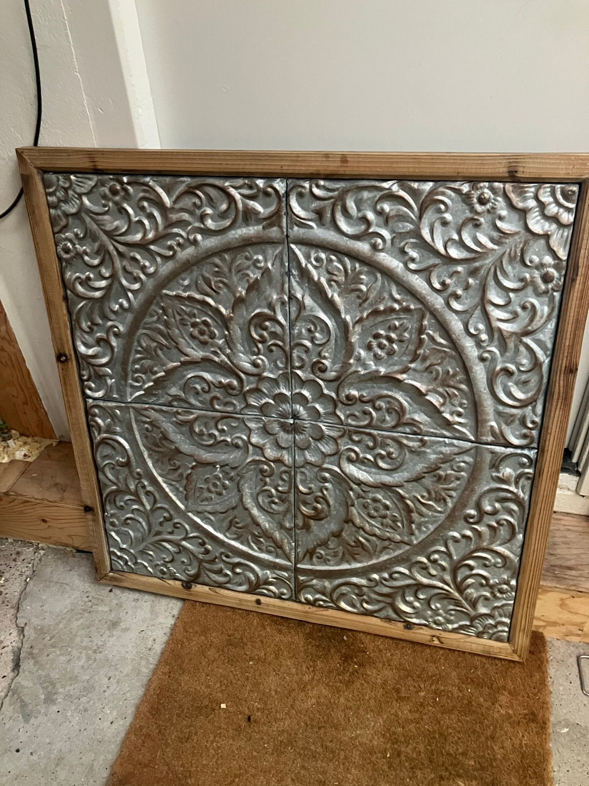 Decoratief Wandpaneel Metaal en Hout 1x1 meter, Ophalen, Metaal, Gebruikt, Wandbord of Wandpaneel