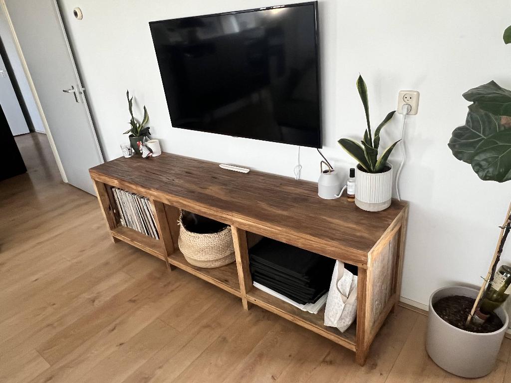 Massief houten tv-meubel, Ophalen, Gebruikt, 200 cm of meer, Minder dan 100 cm