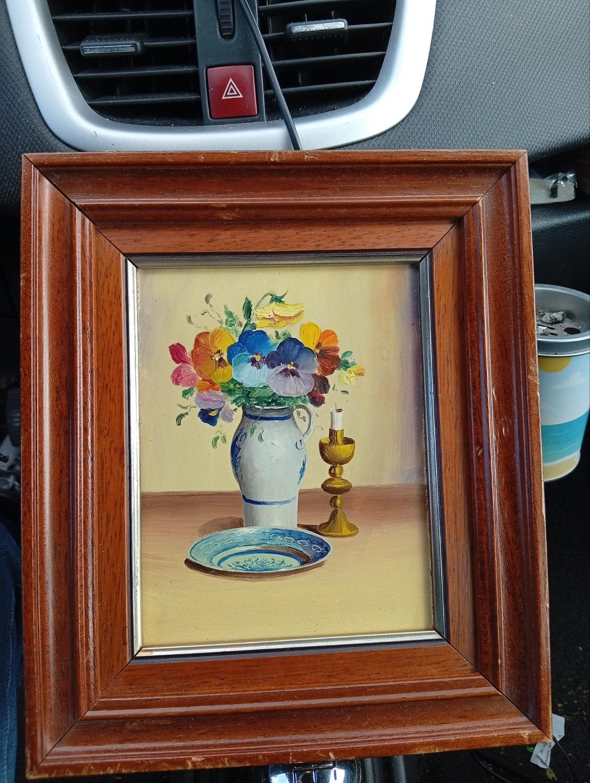 Schilderij met kleurrijke bloemen in vaas, Ophalen of Verzenden