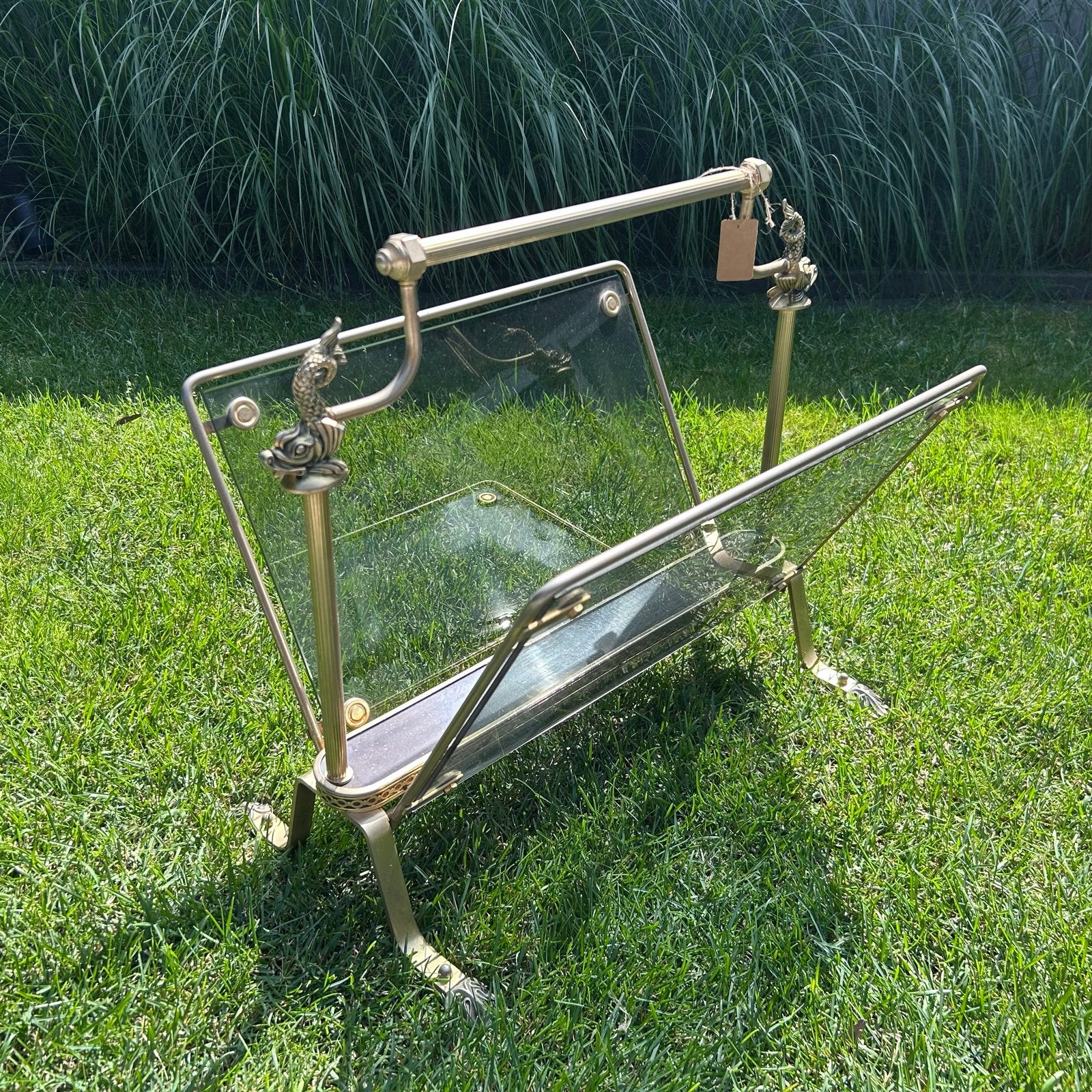 Vintage messing lectuurbak met glazen panelen 1950, Ophalen, Gebruikt, Metaal, Lectuurbak